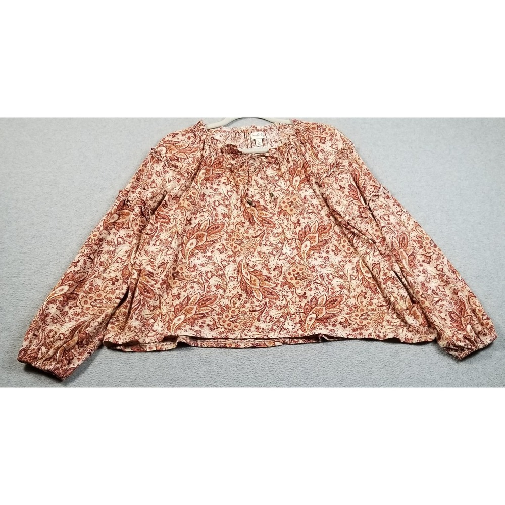 Wonderly Top Womens Large L Paisley Boho Cotton Long Sleeve Blouse Stretch Fall